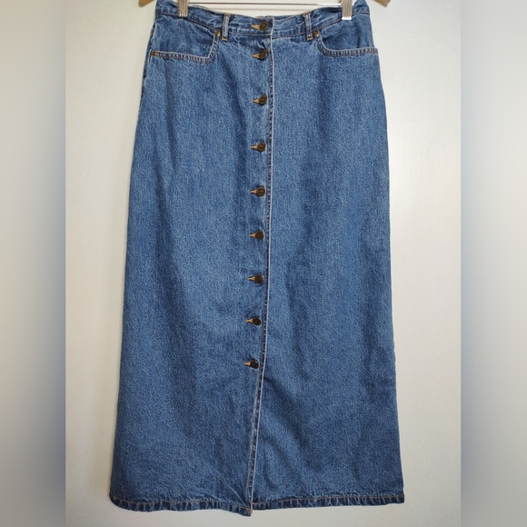 Eddie Bauer Longline Button-Front Flannel Lined Denim Maxi Skirt - Picture 1 of 6